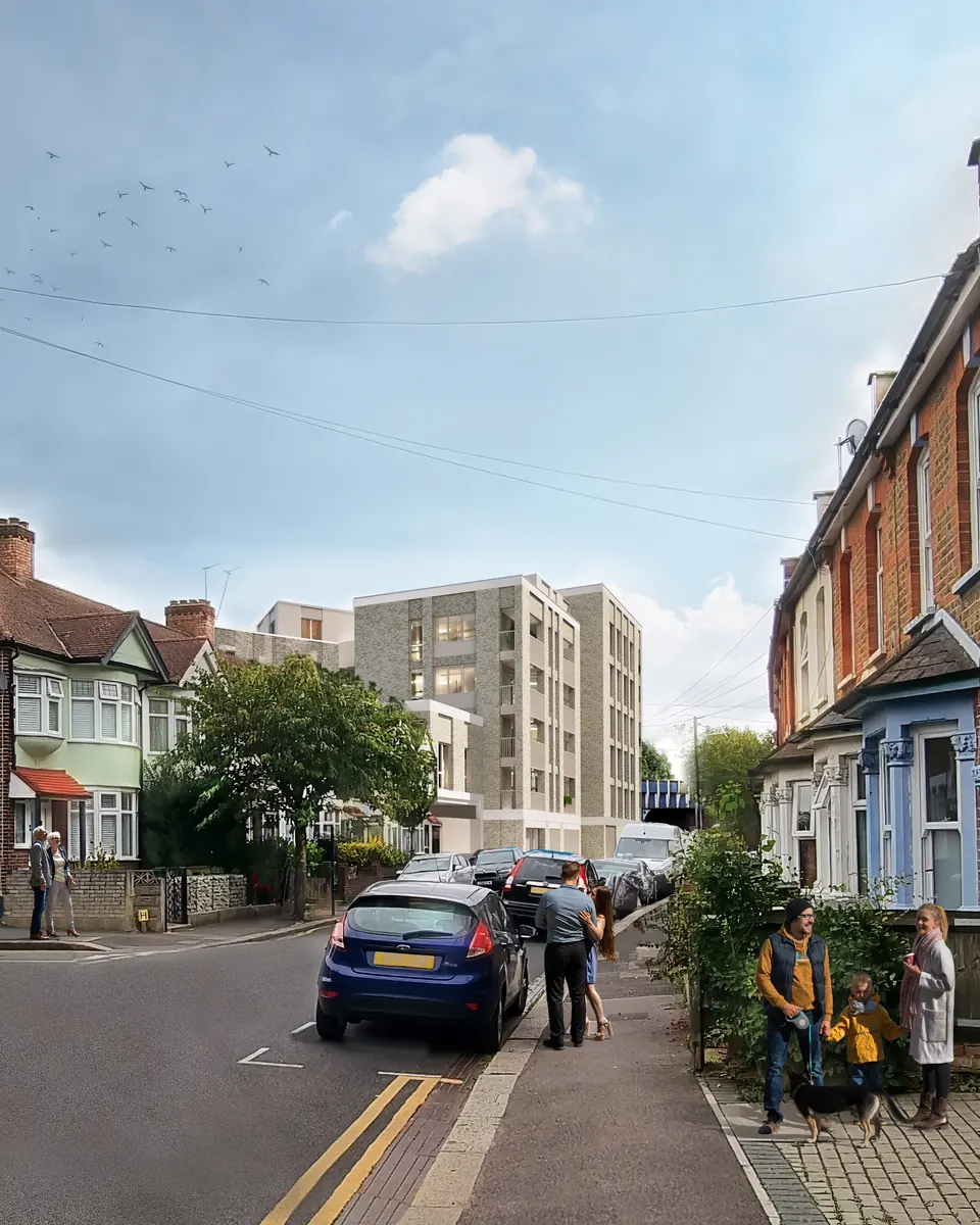 Computer-generated street view of the new homes at 633–639 High Road, Leyton