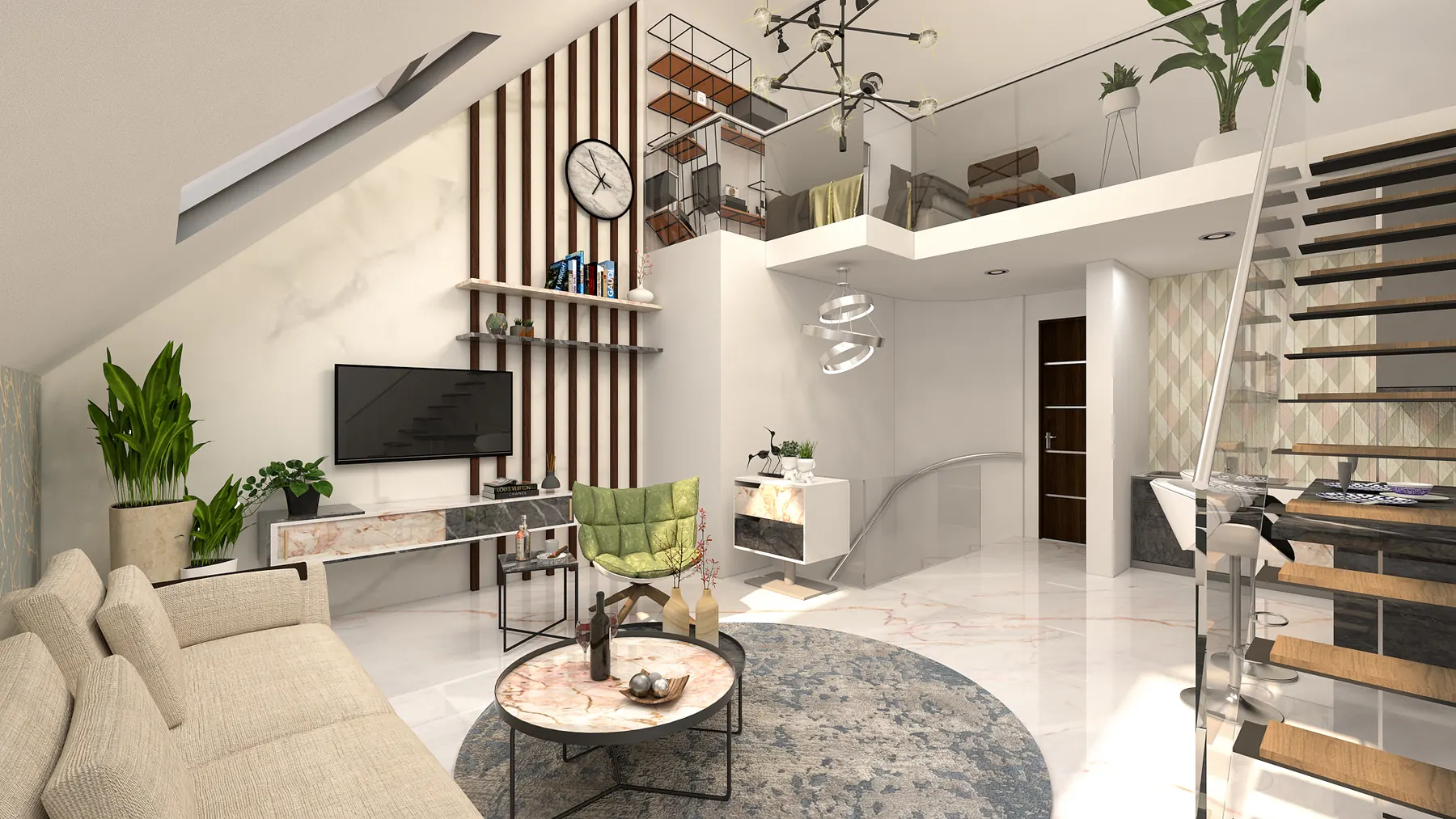 Open-plan living room with a mezzanine and staircase in a Lita Homes apartment